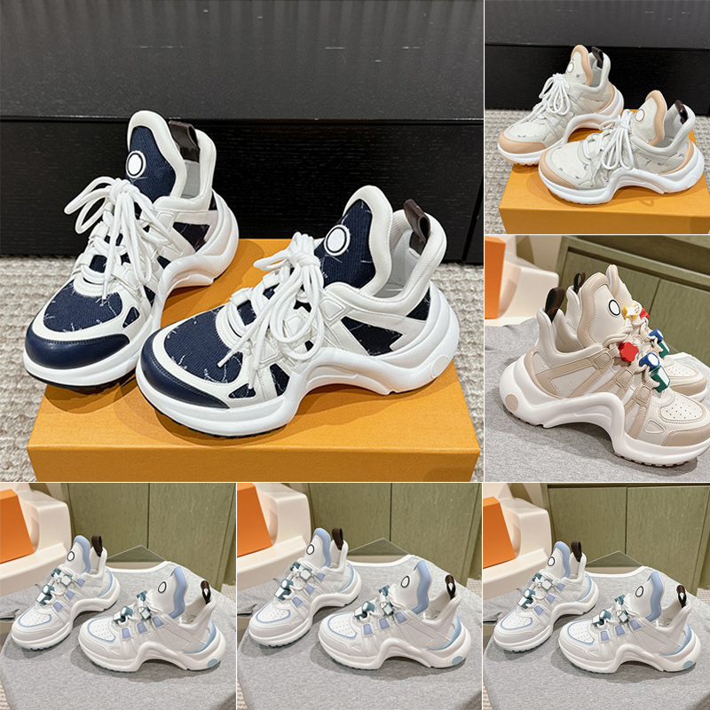 Designer Sneakers 1AC27 Blue Denim Letter Wave Shaped Outsole Calf Leather Trim Womens Platforms Shoes