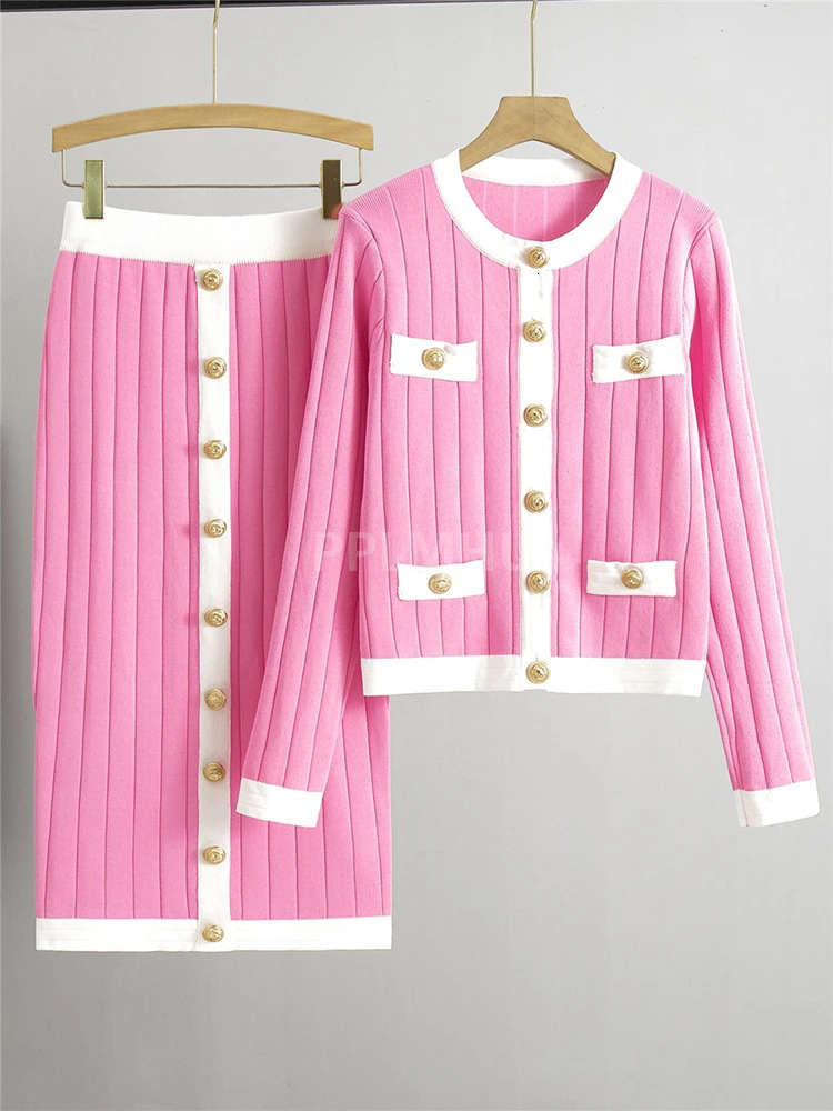 Korean Vintage Knit Skirts Sets Women Slim Oneck Short Sweater Cardigan 2 Piece Suits Chic Button Malhas Faldas Conjunto 240715
