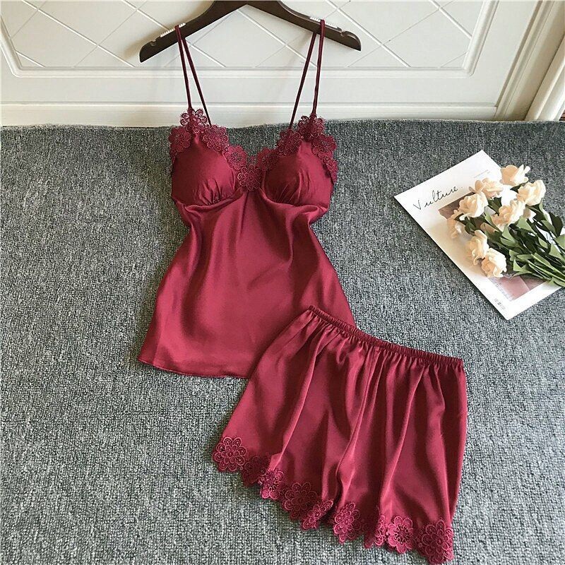 Sexy V-neck women pamas summer ice silk with chest pad nightdress shorts two-piece set thin sleepwear