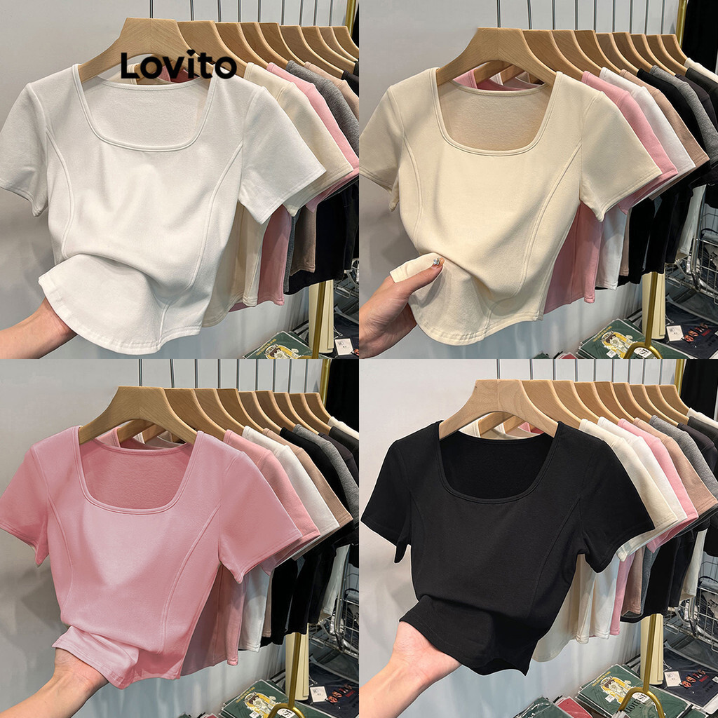 Lovito Casual Plain Structure Line T-Shirt for Women LNE31215 (Multi-color)
