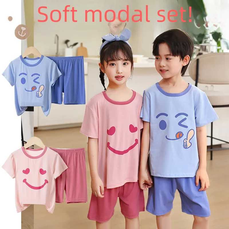 Childrens modular pajama set summer thin short sleeved chiffon dress suitable for boys and girlsW240716