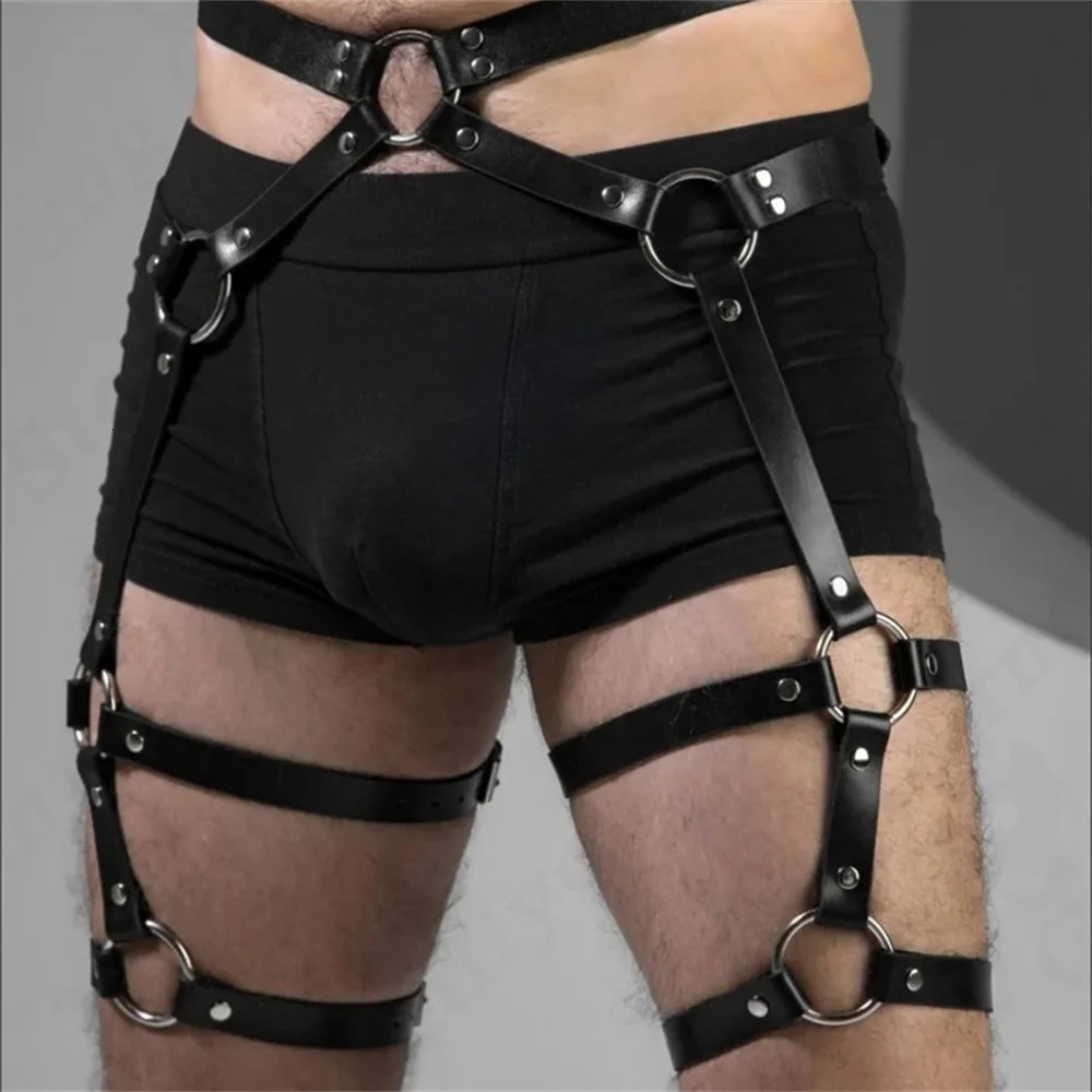 Sexy Suspenders Men Fashion Leather Belts BDSM Leg Harness Harajuku Gothic Punk Fetish Gay Clubwear Lingerie Garters Accessories 240711