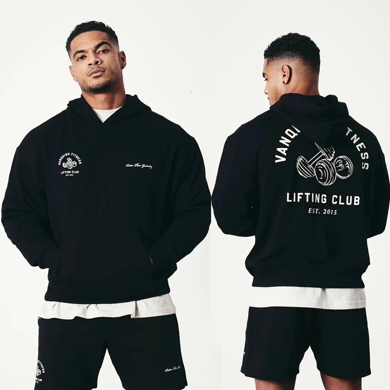 Black Unconquerable Oversized Pullover Hoodie Jogger Gym Sports Fitness Mens Sweatshirt Cotton Round Neck Printed 240718