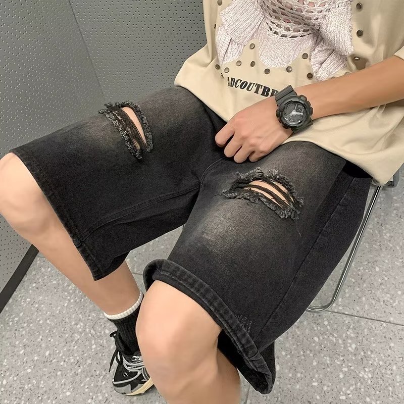 Ripped denim shorts for men in summer, thin with straps, cropped pants, trendy brand American loose straight leg horse pants