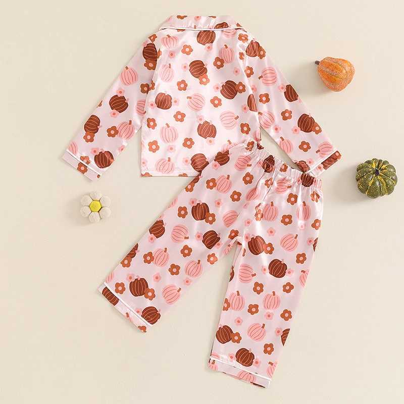 1-5Y Little Girl Satin Pajama Set Pumpkin Flower Long Sleeve Shirt Set Childrens Halloween Pajama Childrens Lounge SetW240716