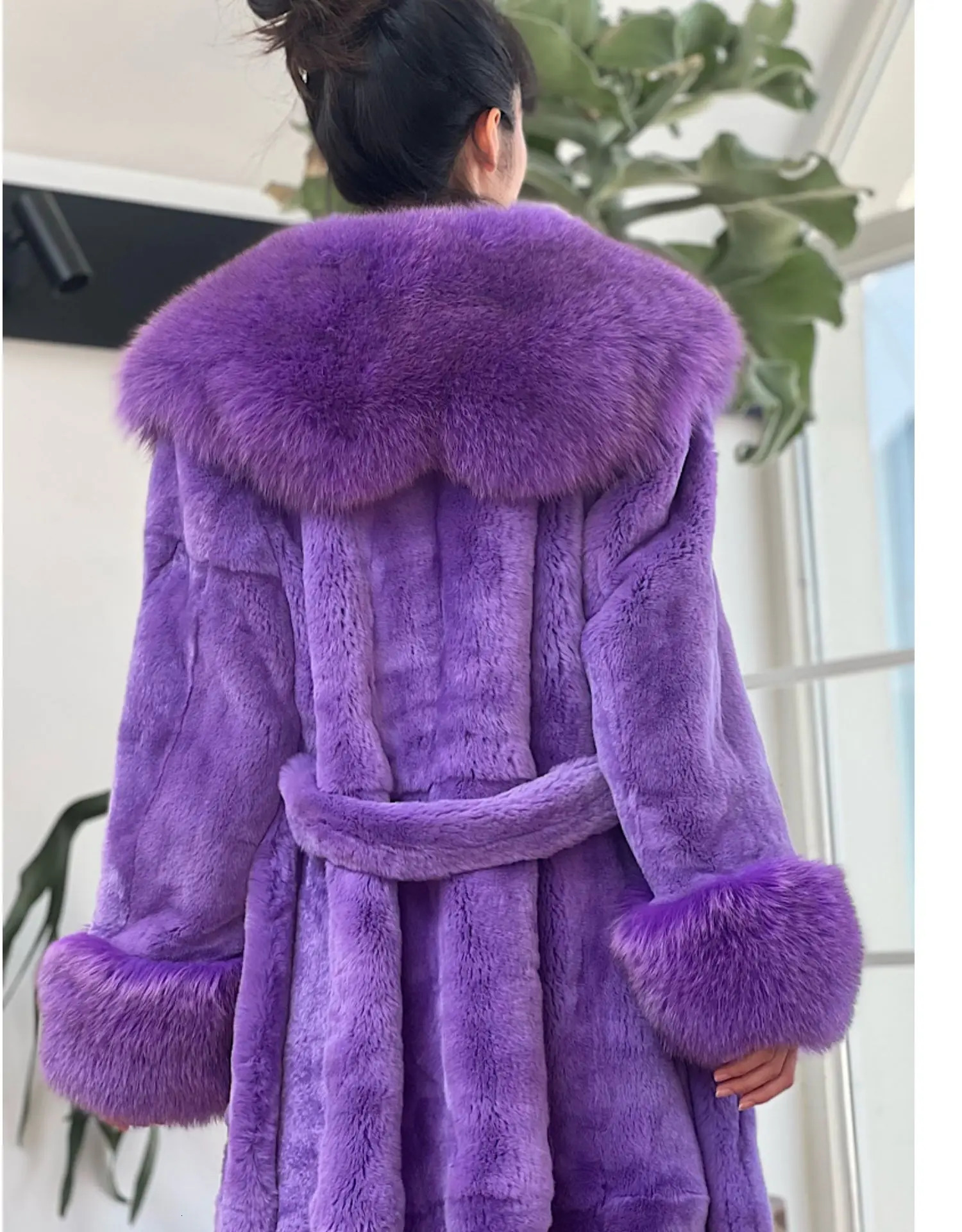 Winter Genuine 120Cm Length Real Rex Rabbit Fur Coats With Collar Trend Warm Natural Rabbit Fur Overcoat Women 240716