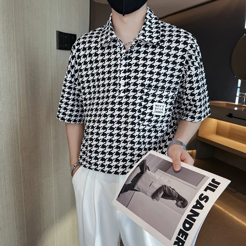 Summer Houndstooth Plaid Loose Shirts Men Hawaiian Short Sleeve Mens Social Dress Casual Beach Button Up Blouse Hommes 240716