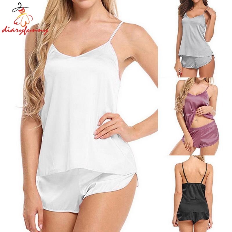 Women Sexy Simulation Silk Thin Set V-neck Camisole Sleeveless Shorts Female Pamas sleepwear terno women diaryfunny