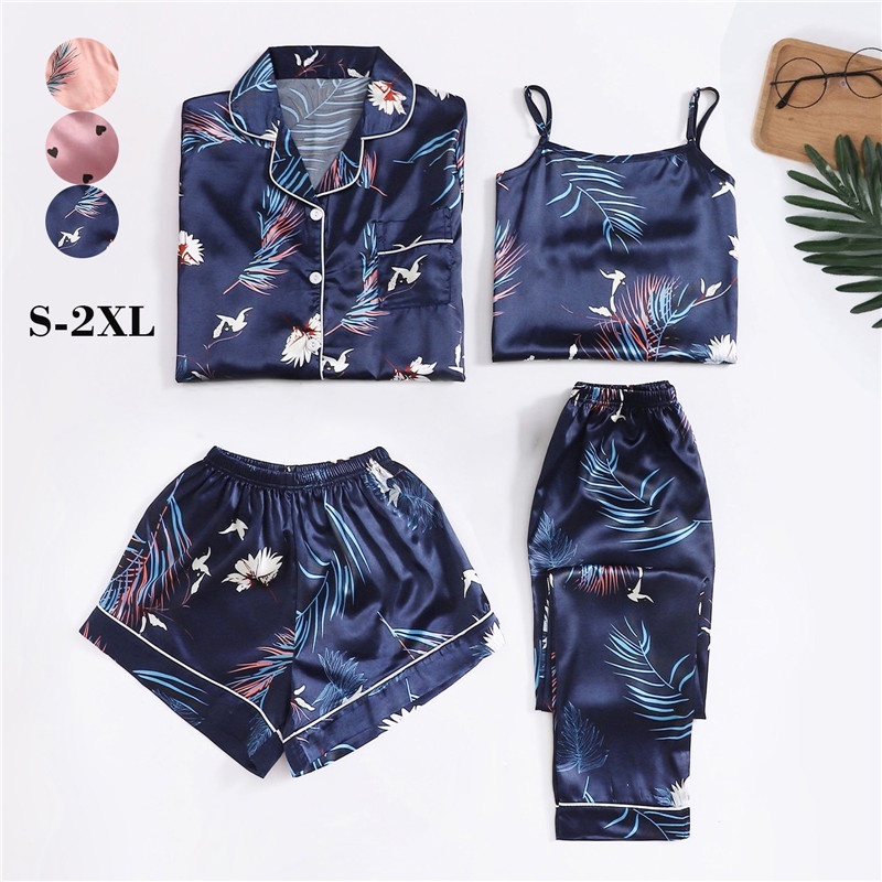 4 Pieces Silk Sets For Women Night Wear Sexy Sex Sling Shorts Sleeve Long Pants Satin Pamas