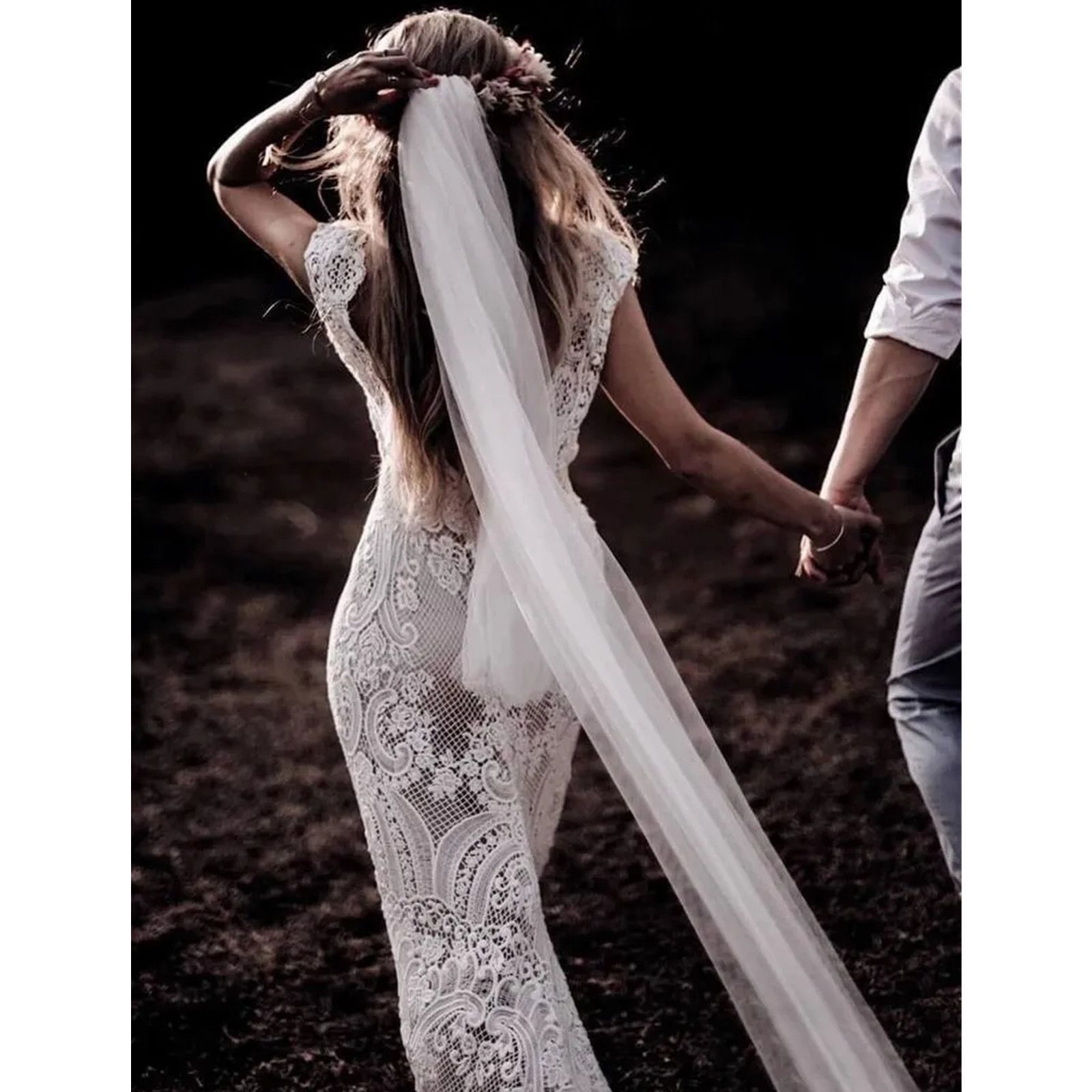100% Real Photos Simple Sexy V Neck Open Back Cap Sleeve Mermaid Bohemian Sweep Train Lace Wedding Dress Bride Gown 2024 Custom made