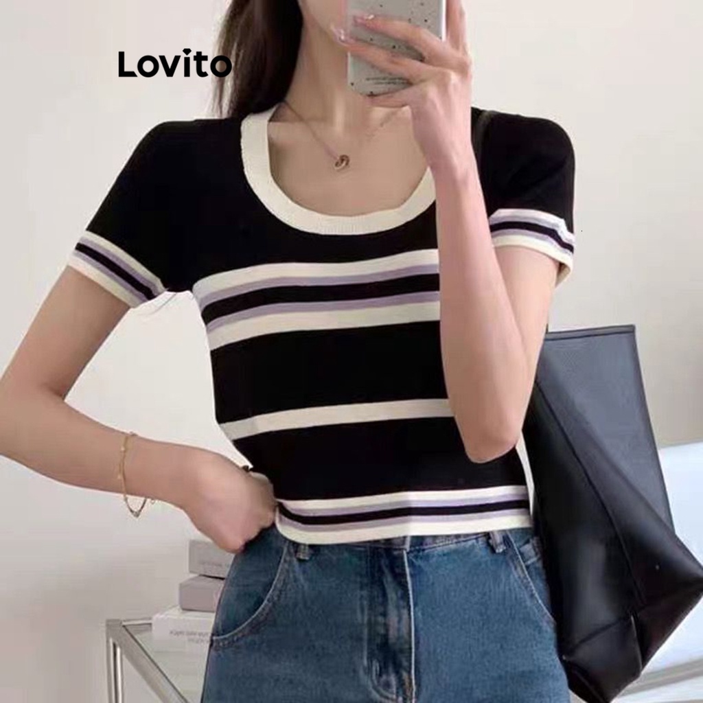 Lovito Casual Striped Short Sleeve T-Shirt for Women LNA21137 Apricot/Black