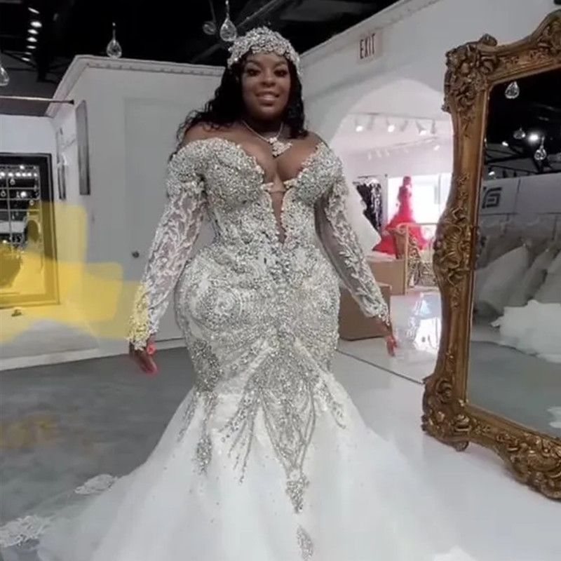 Plus size Mermaid Aso Ebi Wedding Dresses 2024 Luxury Sparkly Crystal Lace Beaded Royal Train Long Sleeve Black Girl Bridal Gown Custom made