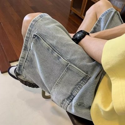 Netmap workwear denim for men women in summer, thin and loose five quarter pants, trendy brand Instagram high street casual shorts