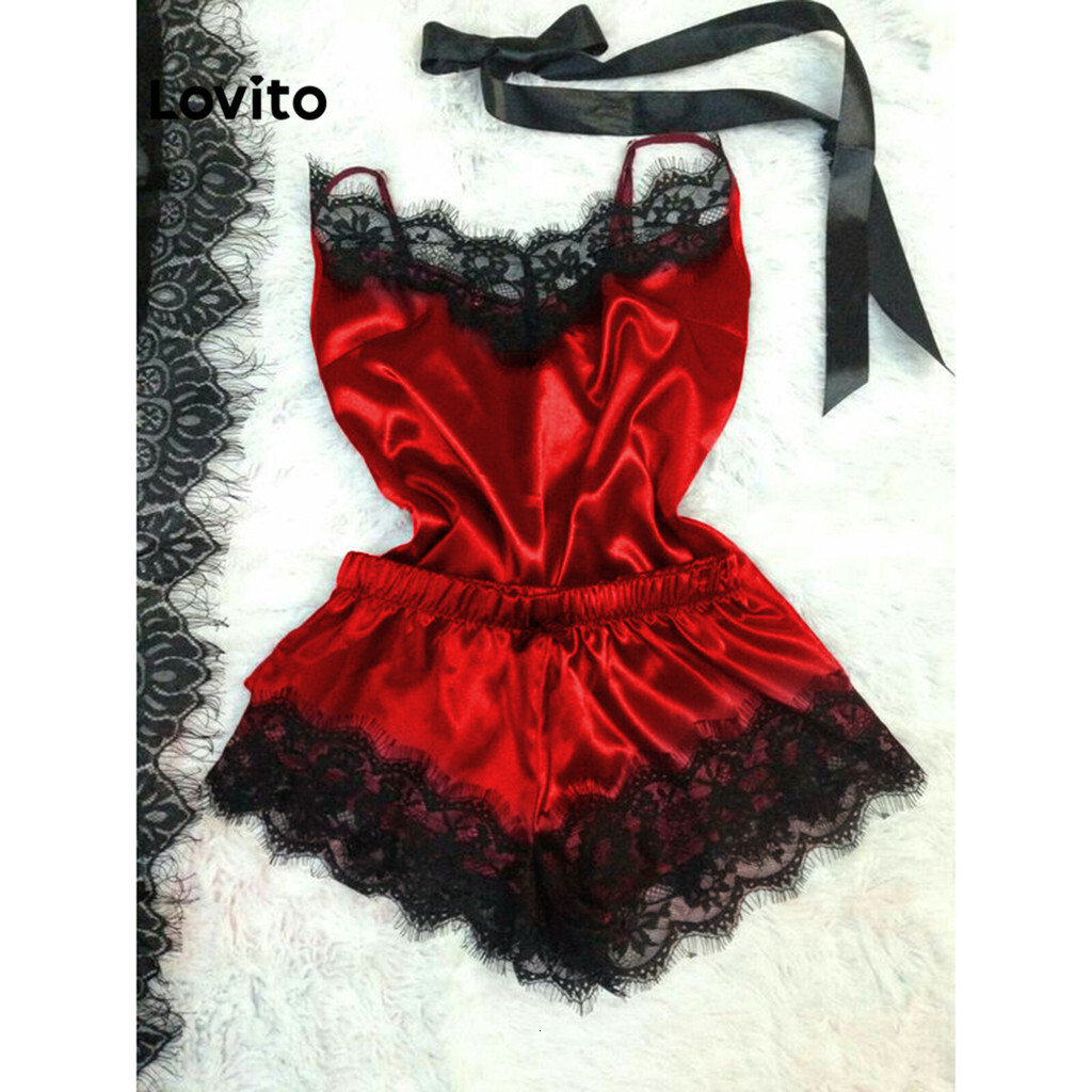 Lovito Sexy Plain Ruffle Neck V-neck Sleeveless Pama Sets for Women LNE07050 (Multi-color)