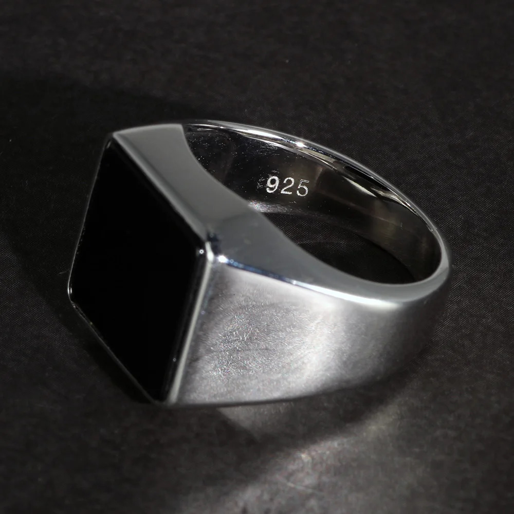 Solid 925 sterling silver square regular mens ring with natural black agate simple country flat top Holmark mens jewelry 240805
