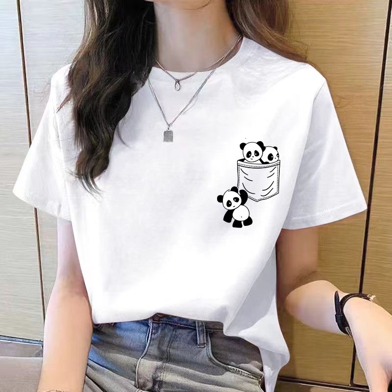 Year's clothing, women's tops, new Women's Short Sleeve Top Summer New pocket panda Cartoon Printed T-shirt Korean fashion tops Loose r