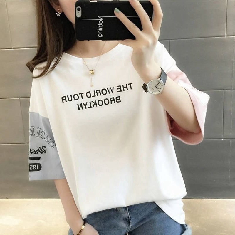 New loose short-sleeved ing t-shirt women Korean version of the wild printed hip-hop bottoming shirt student