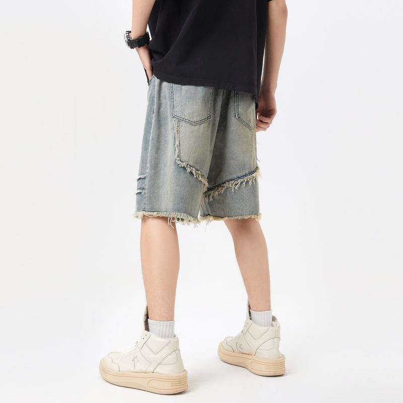 American style denim shorts, men's summer fashion label, casual fur edge design, five point pants