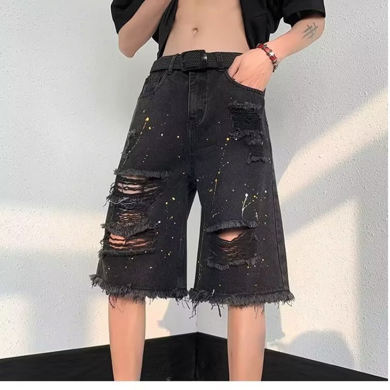 Ripped denim shorts men in summer, thin design for beggars, five point pants, trendy brand American high street yellow mud colored horse pants