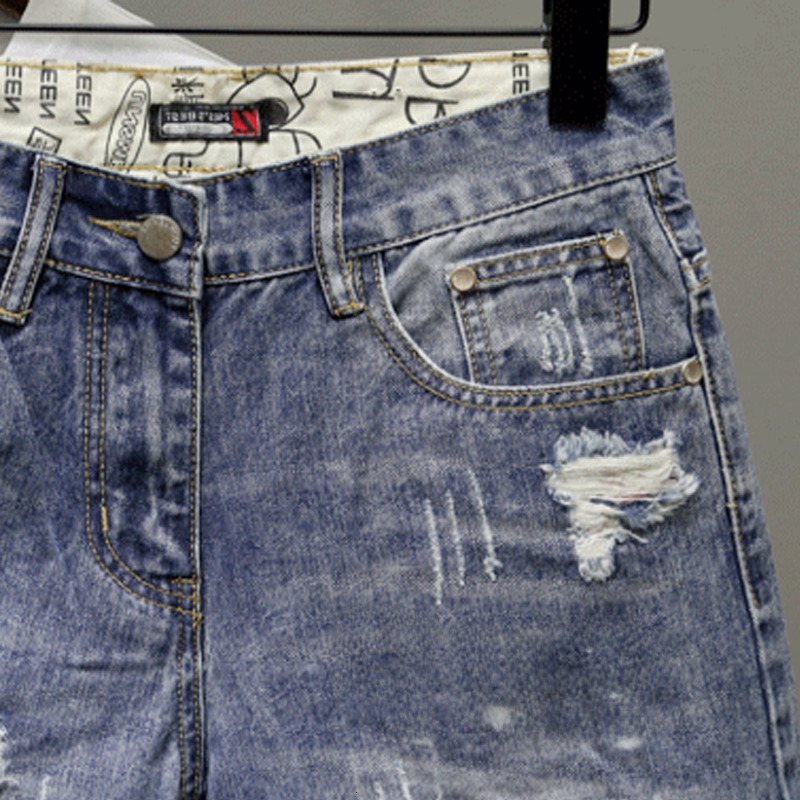 Summer Thin Print Ripped Denim Shorts Men's Loose Straight-leg Fifth K-style Trendy Japanese Style Pants