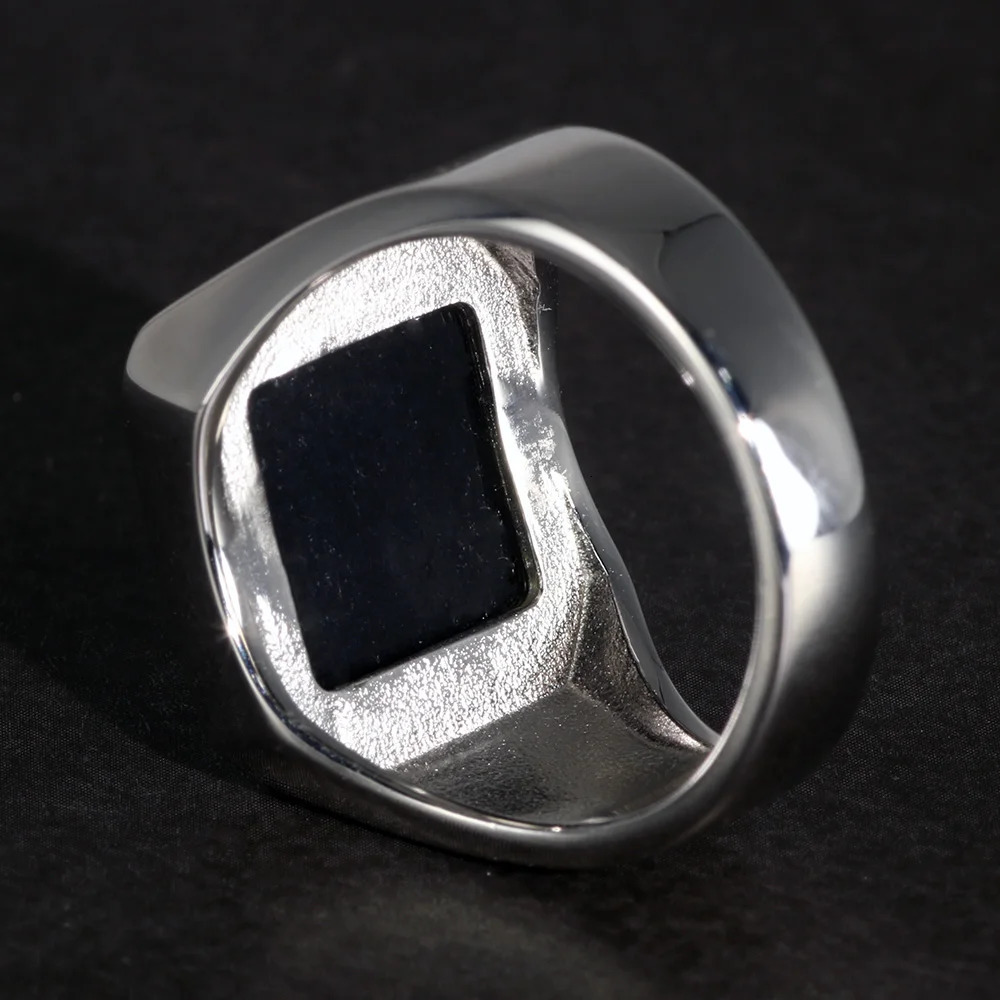 Solid 925 sterling silver square regular mens ring with natural black agate simple country flat top Holmark mens jewelry 240805