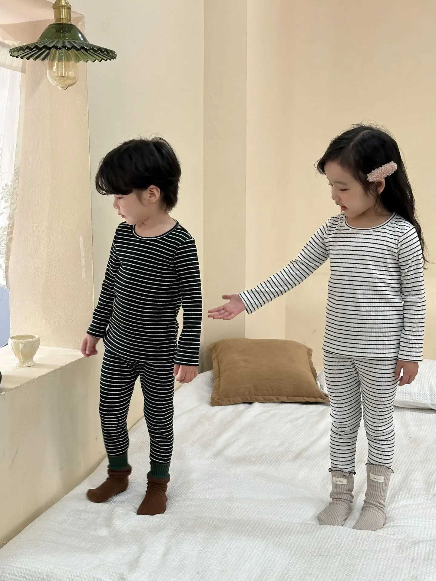 Autumn Baby Boys Striped Pajama Set Childrens Hot Underwear Childrens Pajama Lounge Clothing Cotton Girls Evening DressW240716