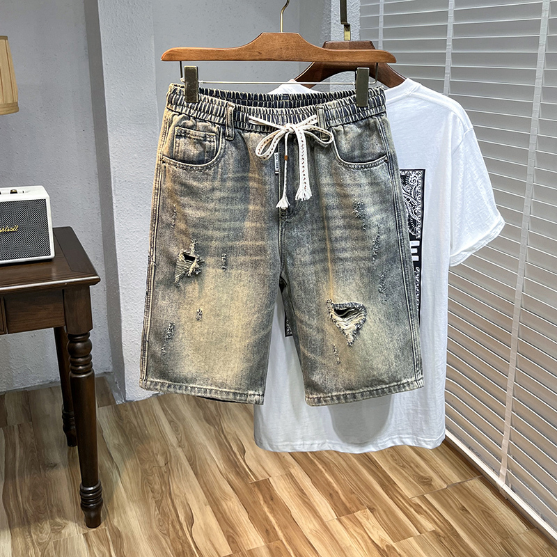 American denim for men, washed and distressed, yellow mud dyed, versatile, trendy, high street, loose straight leg shorts