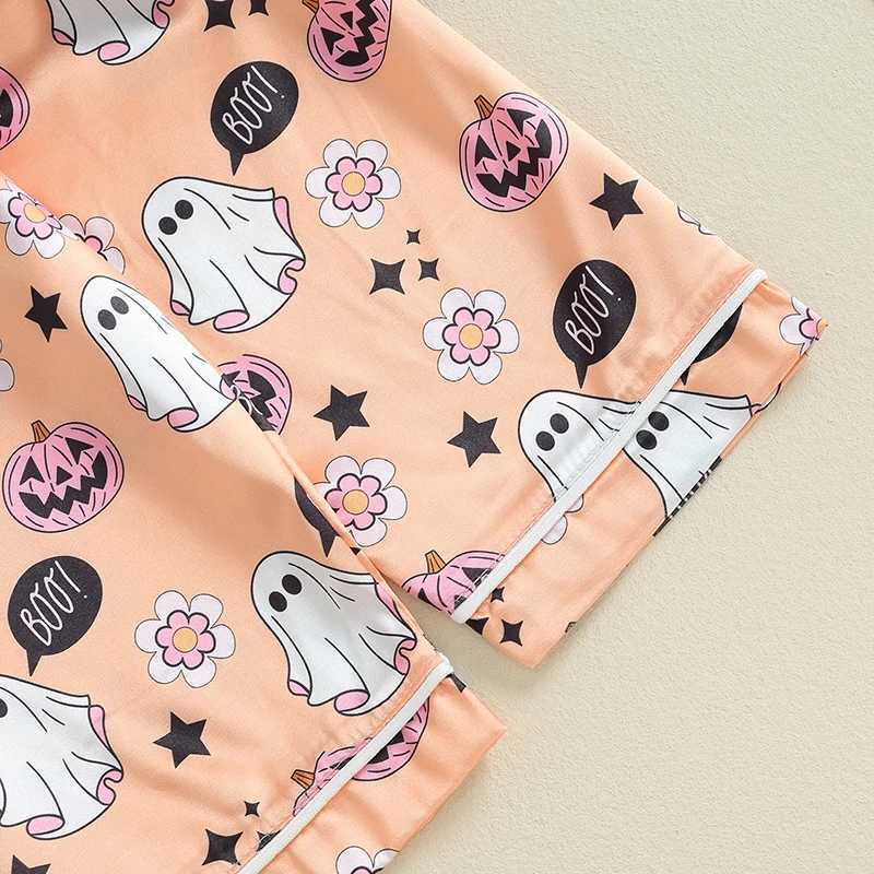 Visgogo Preschool Girls Halloween Pajama Set Long Sleeve Collar Ghost Pumpkin Printed Shirt Elastic Waist Pants Satin W240716