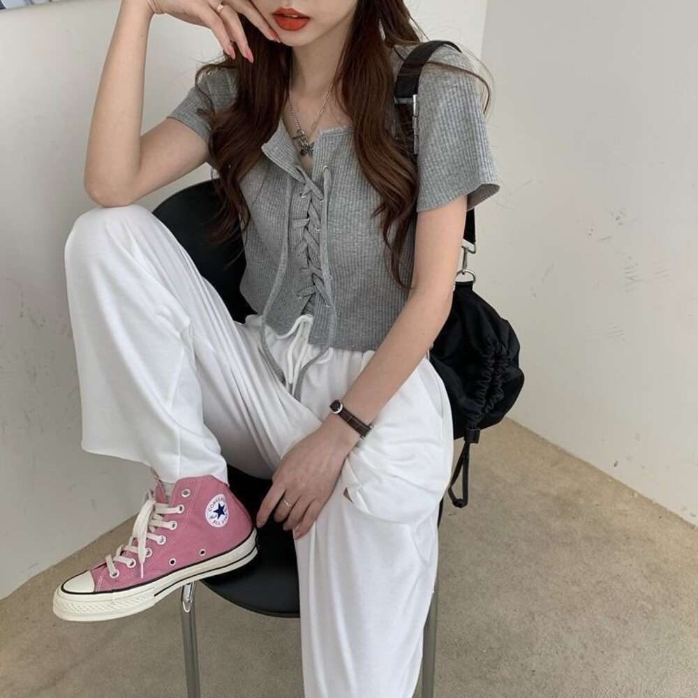 Korean Summer New Women Slim Versatile Lace-up Design Short Sleeve Top T-shirt
