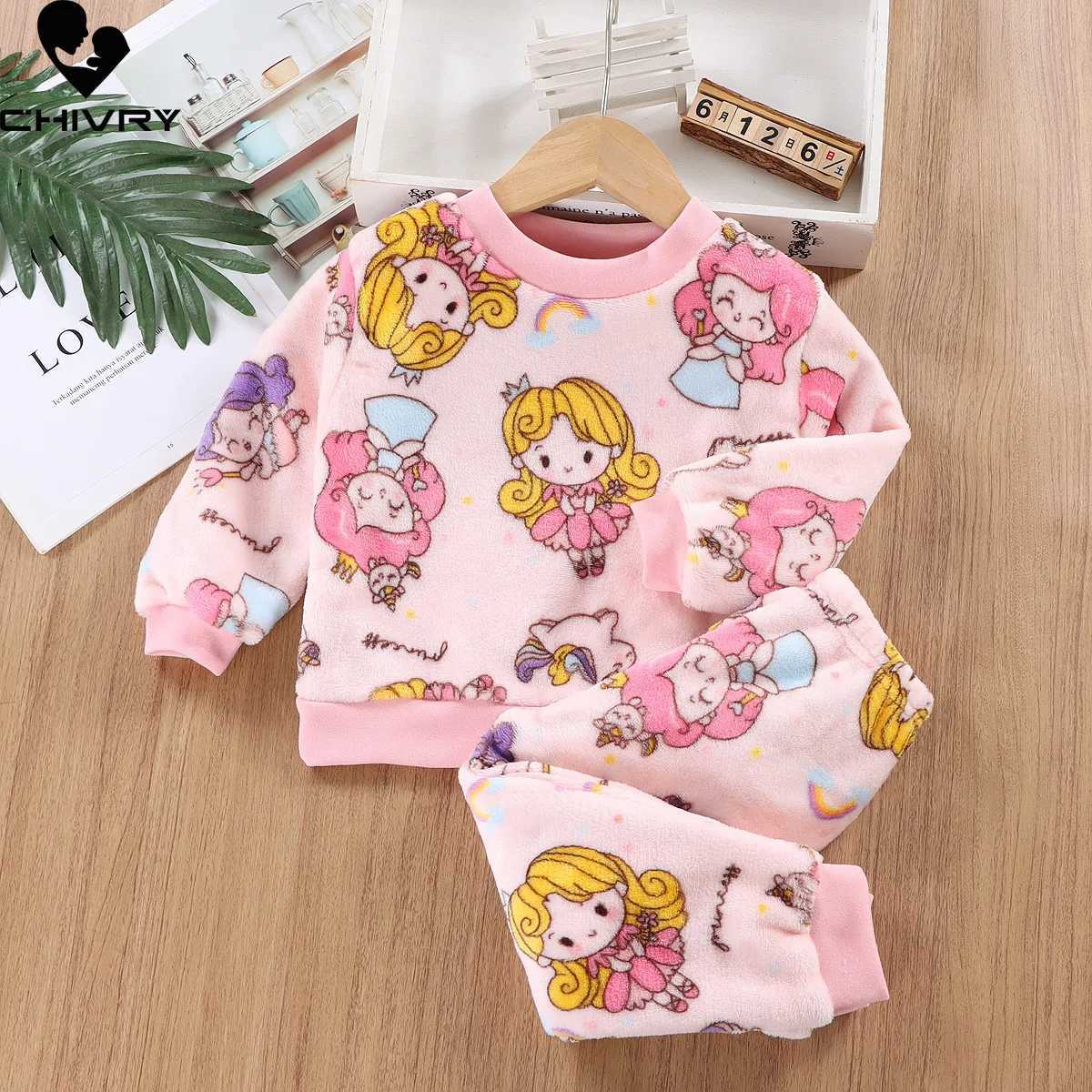 New autumn winter childrens thick warm flannel pajamas set baby boys and girls cartoon long sleeved O-neck clothing set pajamasW240716