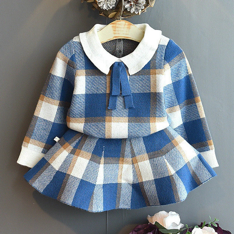 Girls Sets ChildrenS Clothing Autumn Winter Plaid Bow School Student Suit Knit Sweater Short Skirt 2pcs Kids Outfits 240713