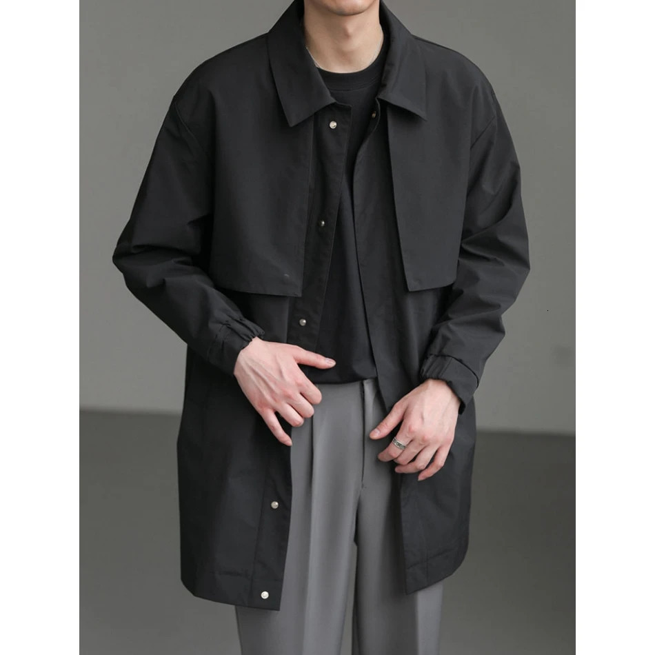 High-end Korean Fashion Mid-length Windbreaker Jacket Man Autumn Loose Casual Lapel Mens Windbreaker Trench Coat Men 240719