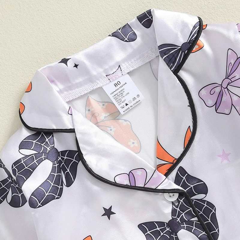 Suefenskry Childrens and Girls Halloween Pajama Set Long Sleeve Collar Pumpkin/Bow Print Shirt Pants Autumn Pajamas Casual Home ClothesW240716