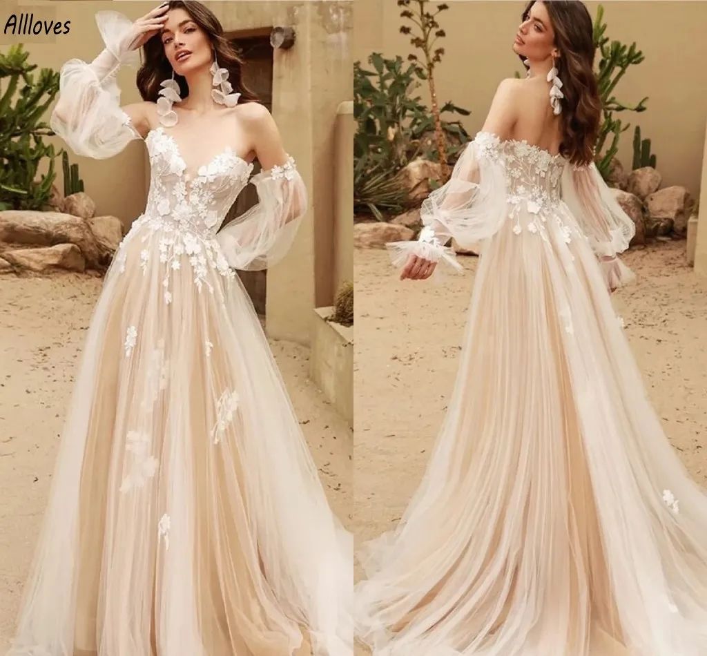 Bohemian Champagne Tulle A Line Wedding Dresses With Removable Long Sleeves Floral Lace Appliqued Bridal Gowns Sexy Sweetheart Bride Vestidos De Novi 