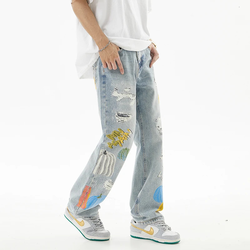 Mens trend personality loose straight wide-leg trousers street hip-hop printed jeans casual retro high-end washed trousers 240716
