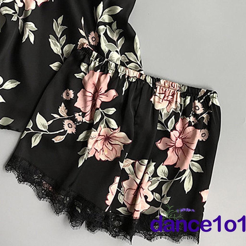 Womens Sexy Floral Satin Lace 2Pcs Sleepwear Nightdress Pamas Set 2019
