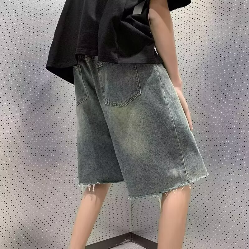 Summer thin edge denim shorts, men's trendy brand water washed casual ruffian handsome youth 5 point high street pants