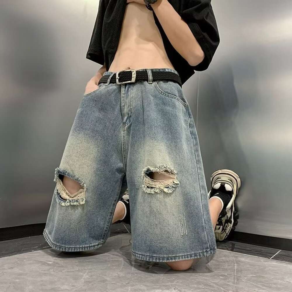 Ripped denim shorts for men in summer, thin with straps, cropped pants, trendy brand American loose straight leg horse pants