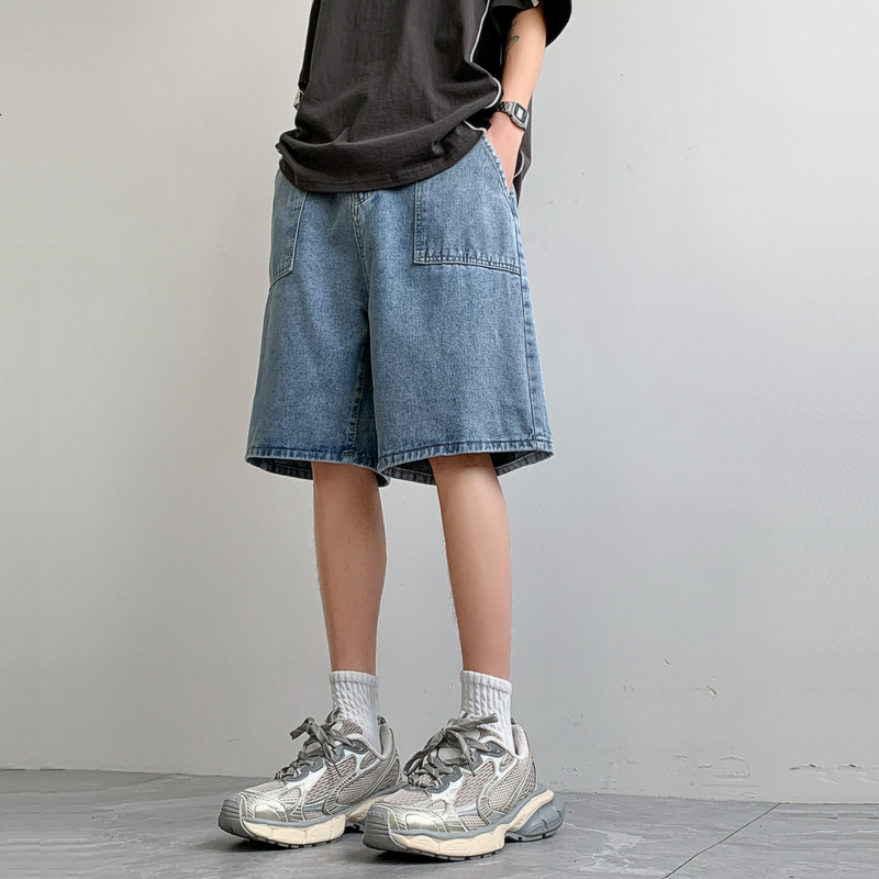 Denim shorts for men's summer loose fit straight leg shorts, American casual fashion brand five piece pants