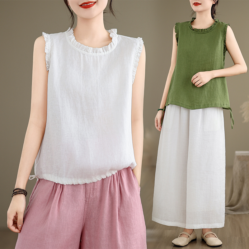 Summer cotton, hemp, fungus edge loose slimming drawstring vest women, solid color base top for outerwear