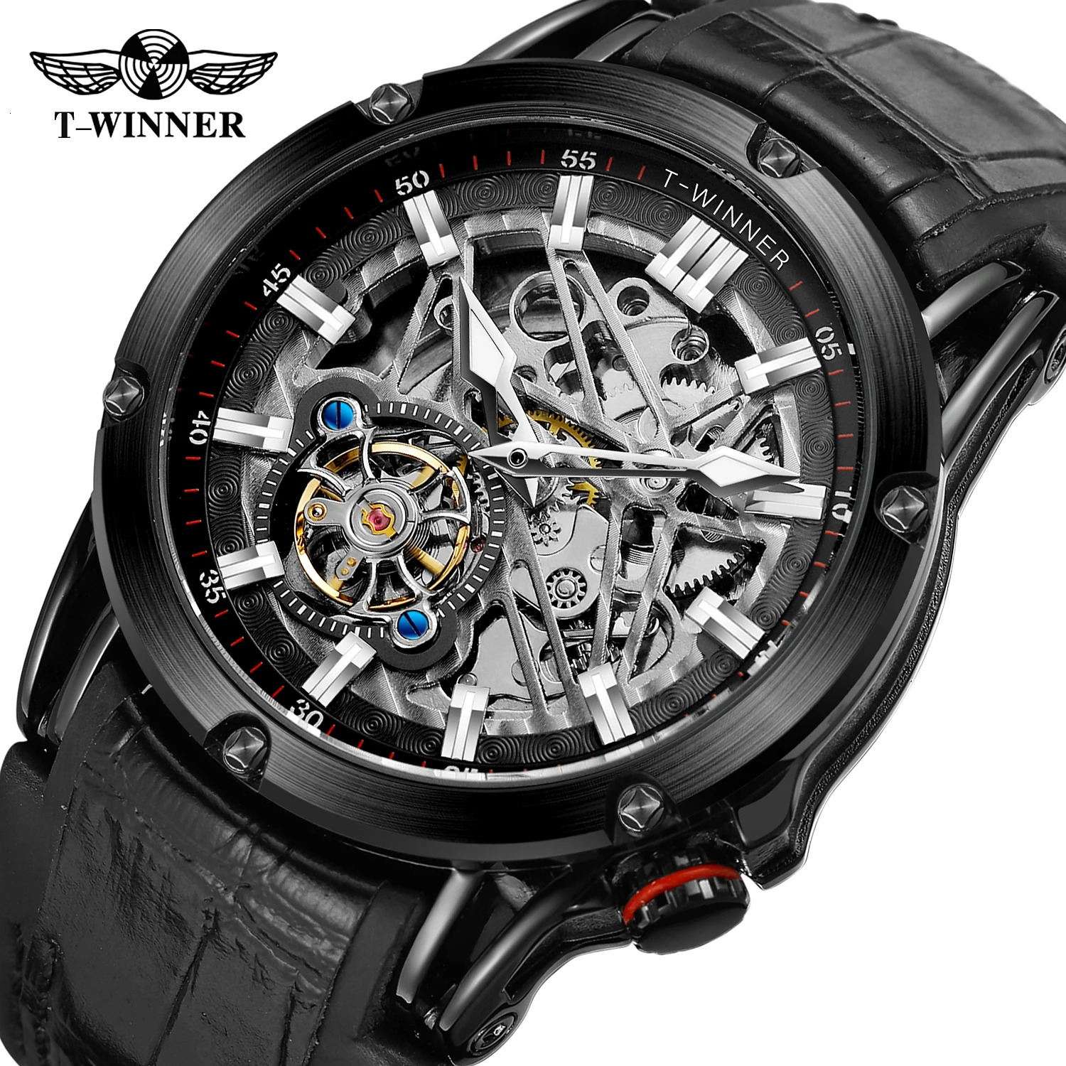 TWinner 2023 Men Automatic Mechanical Movement Watch Leather Strap Skeleton Fashion Waterproof for Male Gift Watches 240716