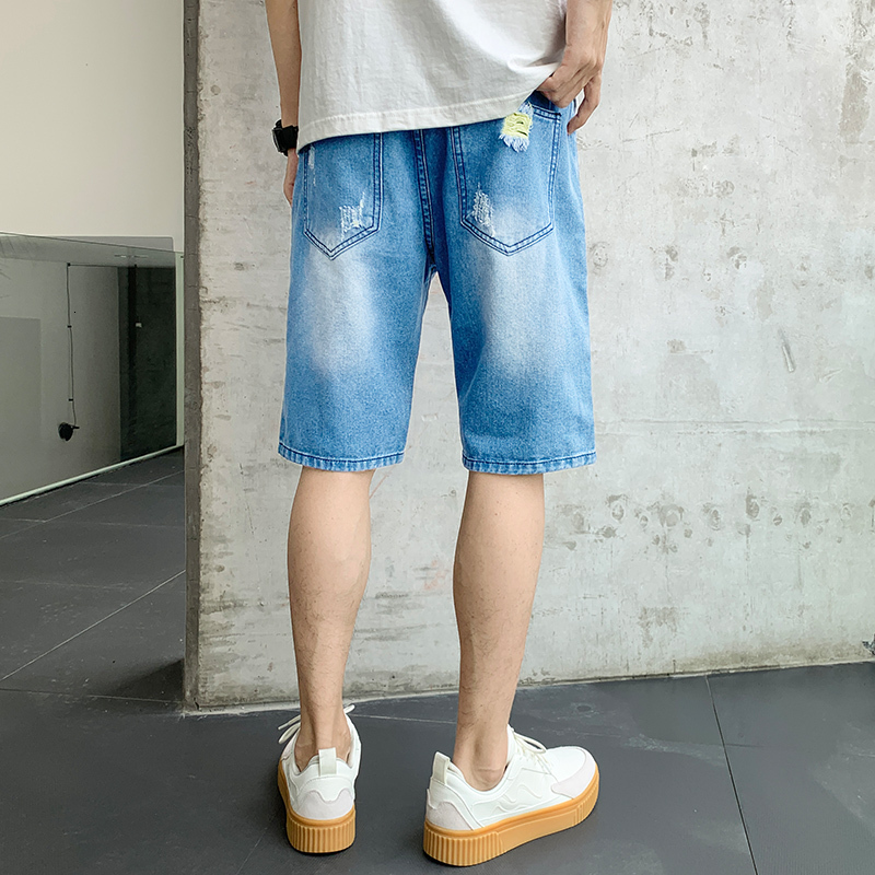 Denim shorts 2022 summer men's ripped jeans 5-point mid length pants