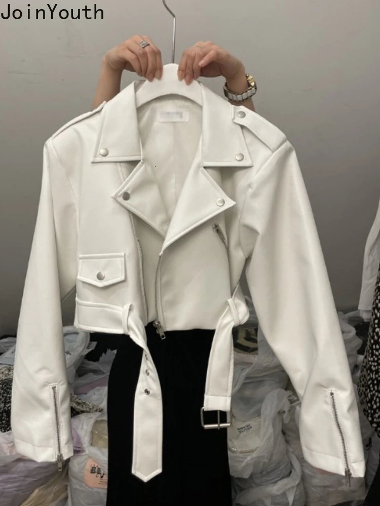 Korean Fashion Leather Jacket Womens Clothing Turndown Collar Zipper PU Crop Coat Ropa Mujer Streetwear Harajuku Y2k Tops 240717