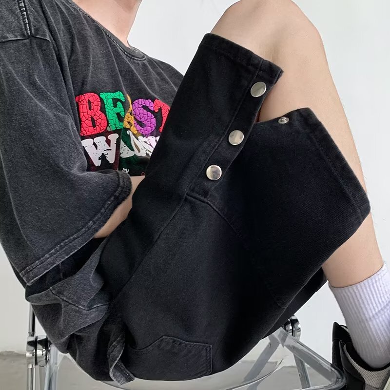 Denim shorts for men and women, Korean style trendy buckle slit, high street summer new ins five quarter pants