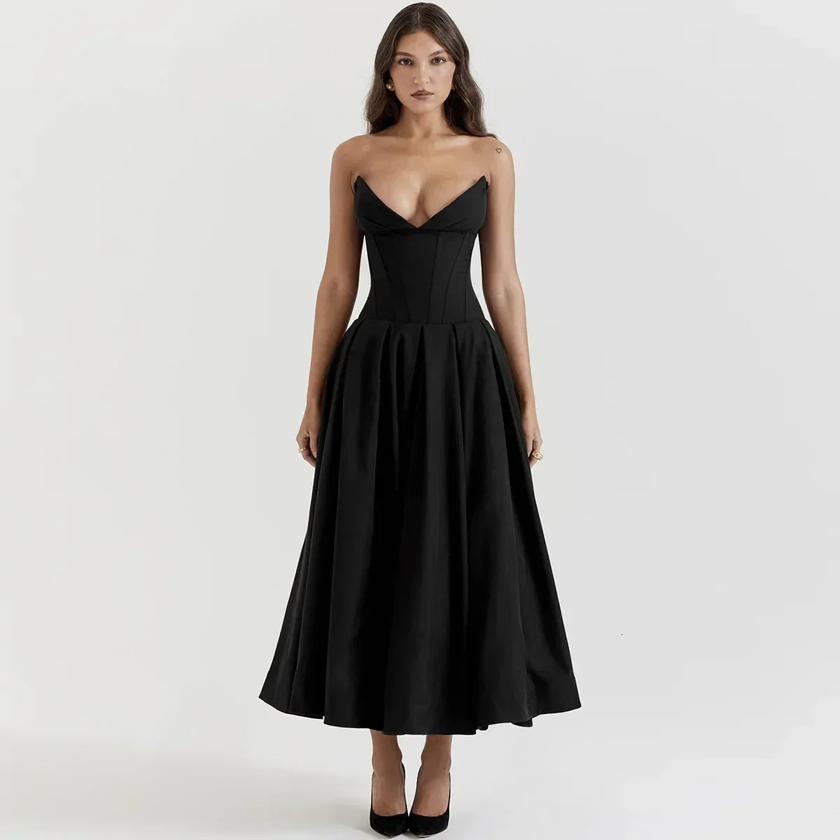 Suninheart Strapless Corset Midi Black Elegant Casual Dress for Wedding, Party, Christmas Events - Womens Clothing C260311