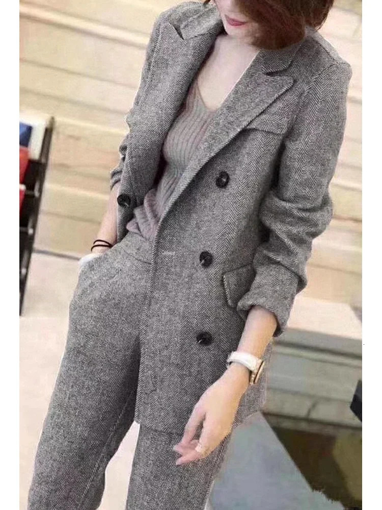Women Woolen Blazer and Pantsuits Chic Elegant Korean Fashion Trousers Outfits Autumn Female Suit Jacket 2 Piece Sets 240717
