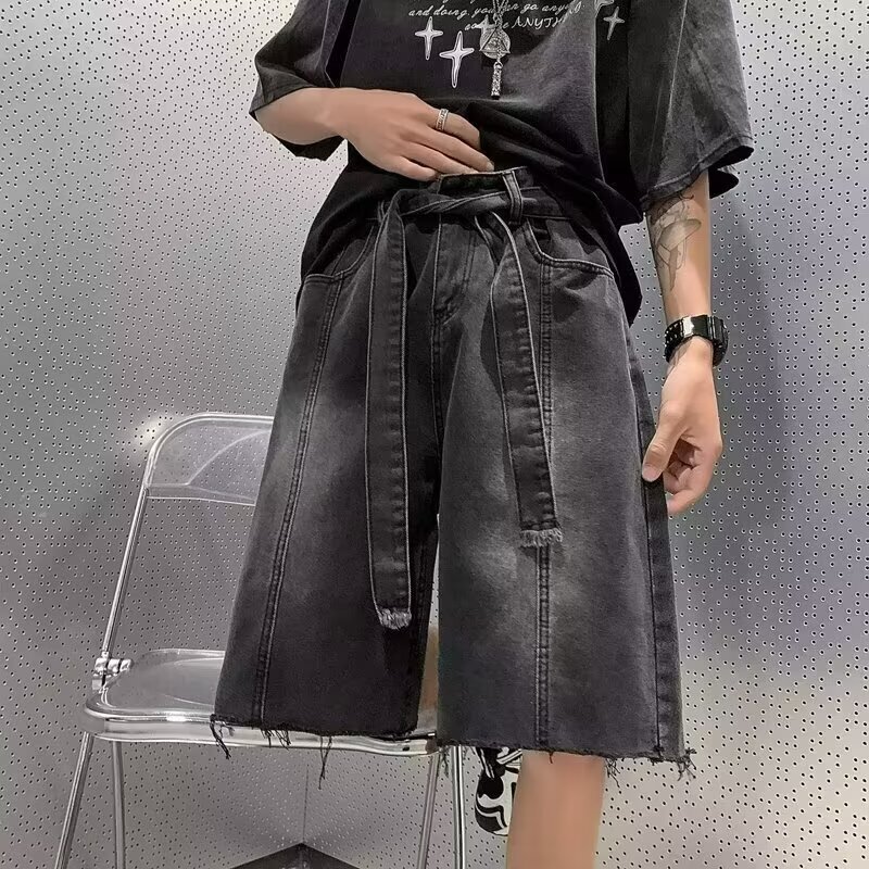 Summer thin edge denim shorts, men's trendy brand water washed casual ruffian handsome youth 5 point high street pants