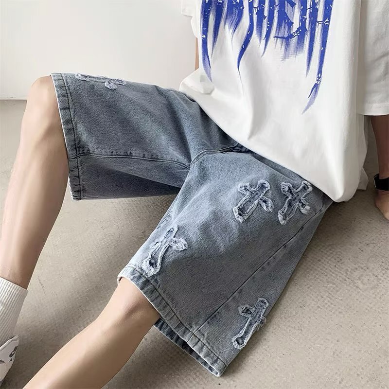 Denim men's summer 2022 new Korean version ins trendy outerwear loose oversized straight leg five inch shorts