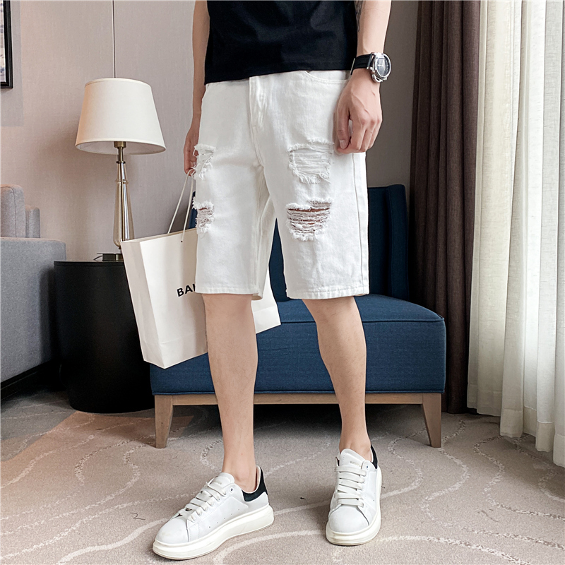 Trendy brand ripped shorts men's Korean washed mid length summer thin white denim five quarter pants