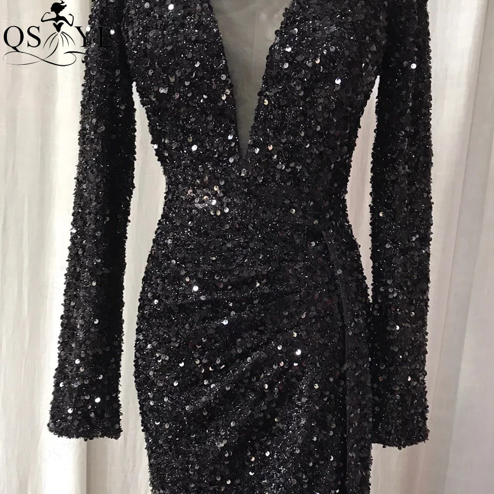 Sequin Black Evening Dresses Long Sleeves Mermaid Prom Gown ChicSexy Split Sparkle Party Dress Ruched Decent Formal Gown Glitter 240709